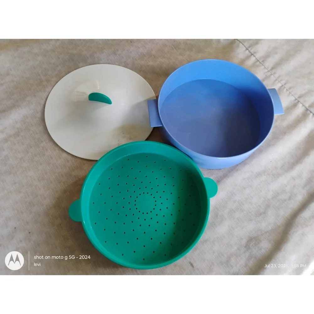 Tupperware Microwave Steamer 3-Piece Set 11in Blue White Green Plastic